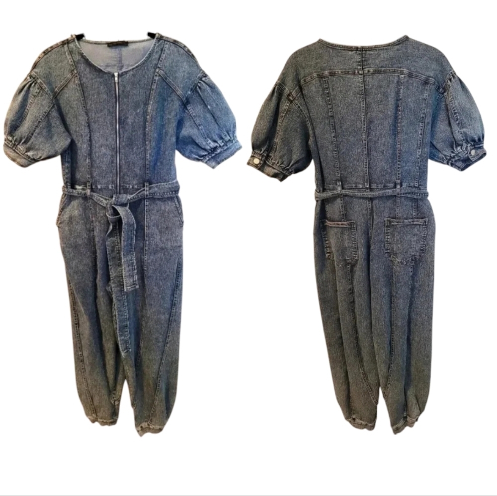 Wmns S  Denim Jumpsuit Balloon Sleeves Banded Ankles Casual Contemporary